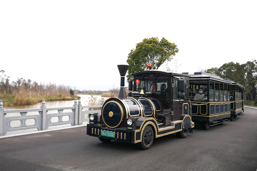 20人乗りのクローズド車両の古典的な大型無軌道観光列車